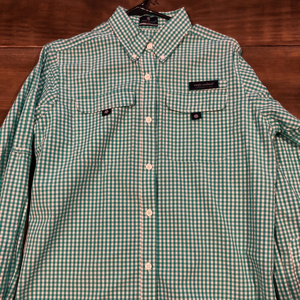 Green and white plaid button down